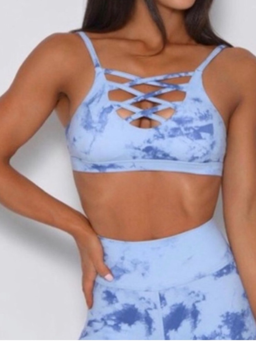 Bombshell Sportswear Cross My Heart Bra Blue Tie Dye Size Medium Padded